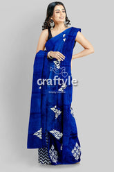 Hand Block Printed Pure Mulberry Silk Saree in Denim Blue White - Indian Ethnic Wear - Craftyle