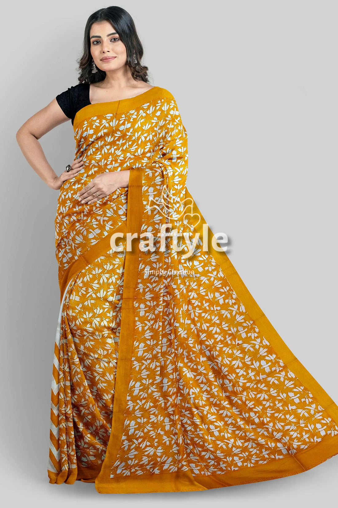 Hand block printed pure mulberry silk saree in sand yellow with butterfly motif woman mustard-colored saree white