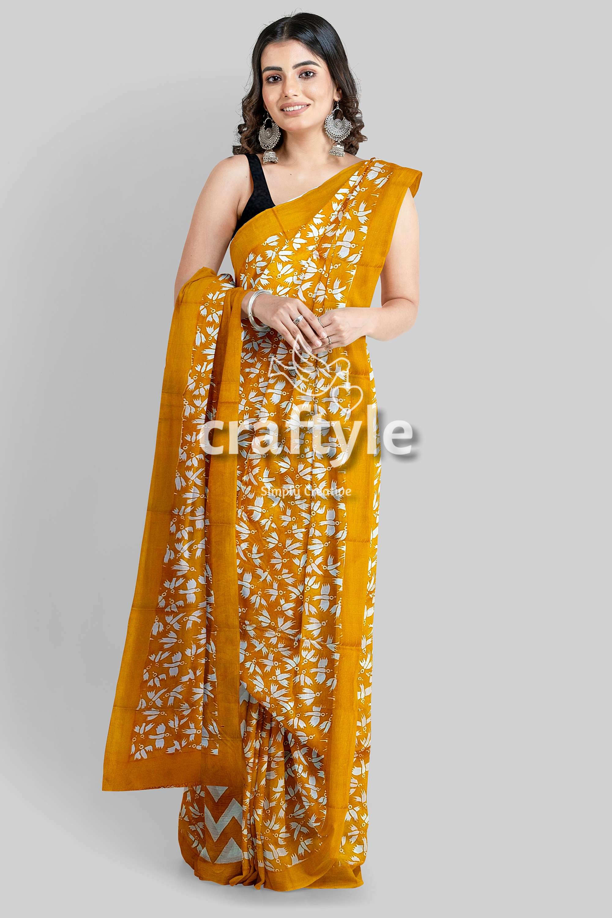 Hand Block Printed Pure Mulberry Silk Saree in Sand Yellow with Butterfly Motif - Craftyle