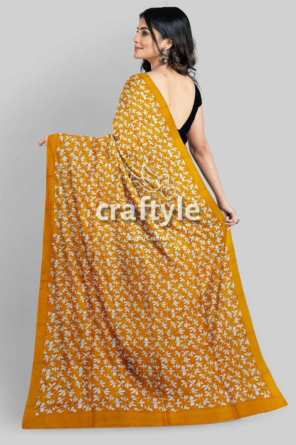 Hand Block Printed Pure Mulberry Silk Saree in Sand Yellow with Butterfly Motif - Craftyle