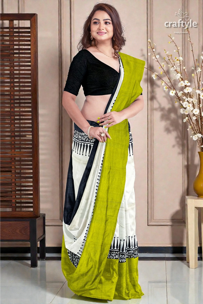 Hand block printed pure mulberry silk saree - lemon green black 7