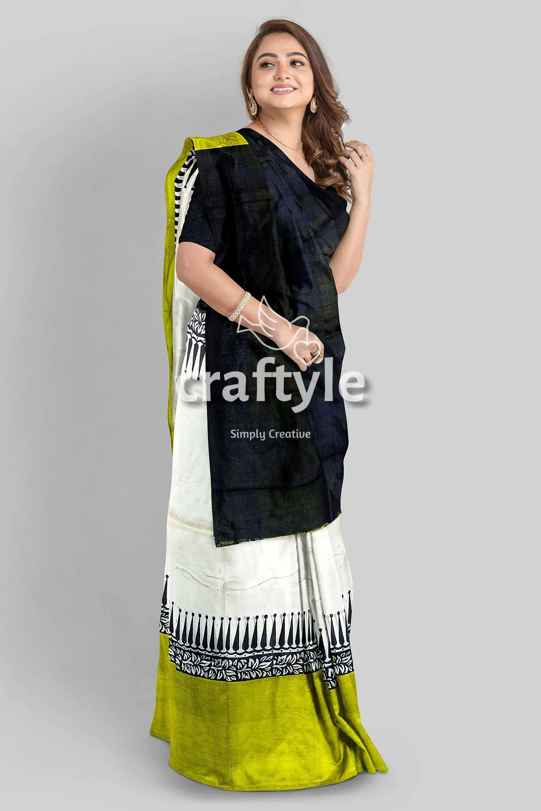 Hand block printed pure mulberry silk saree - lemon green black woman black white green saree 1