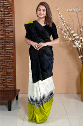 Hand block printed pure mulberry silk saree - lemon green black 5