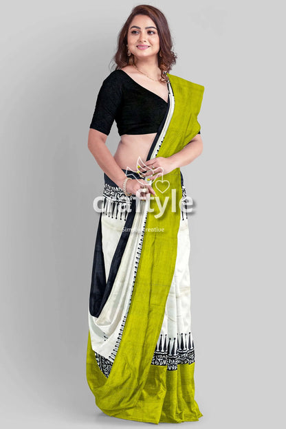 Hand block printed pure mulberry silk saree - lemon green black woman green white black saree 5