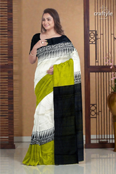 Hand block printed pure mulberry silk saree - lemon green black 2