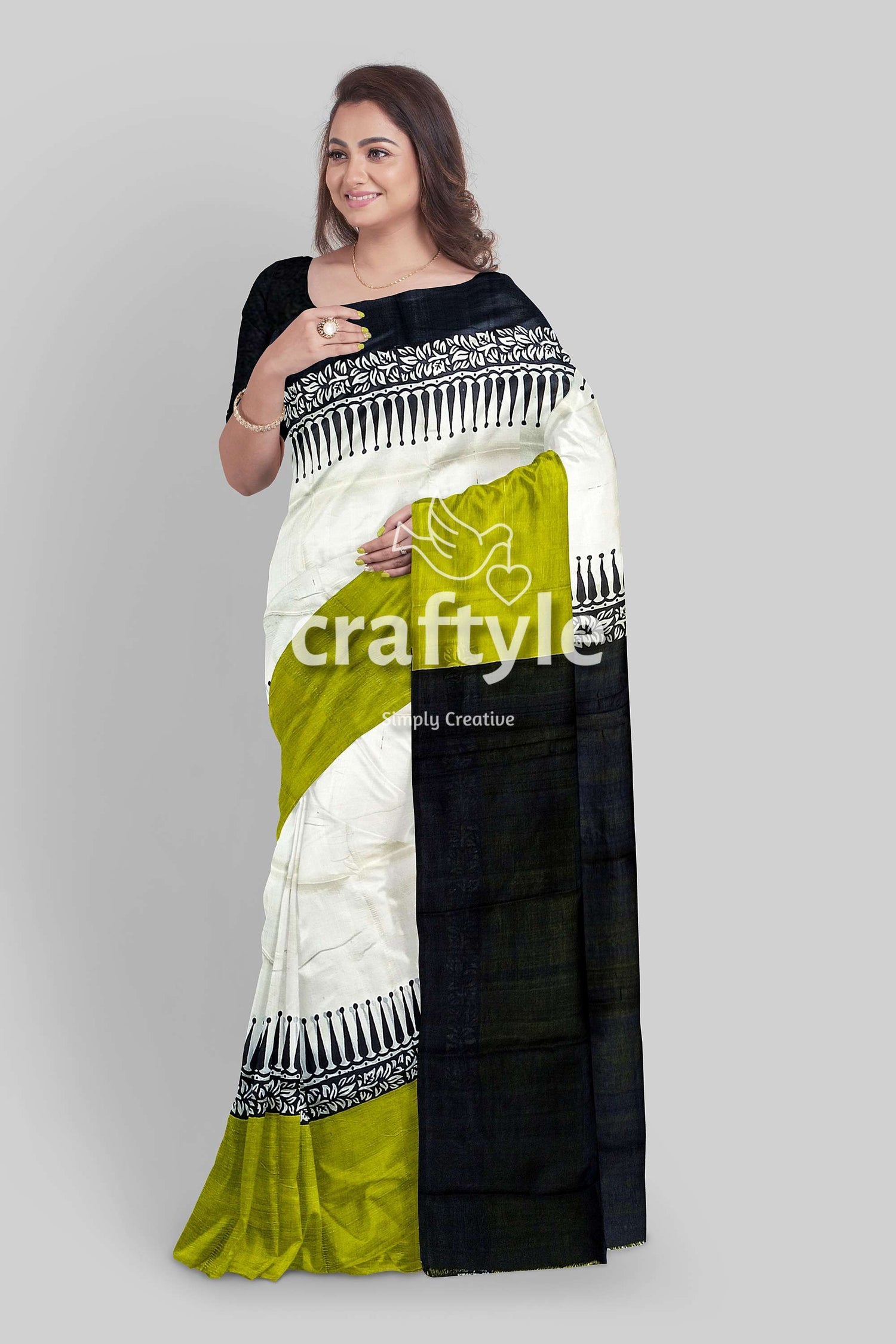 Hand Block Printed Pure Mulberry Silk Saree - Lemon Green Black - Craftyle