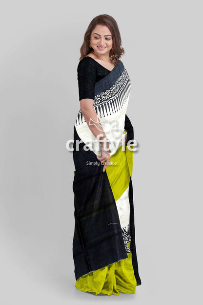 Hand Block Printed Pure Mulberry Silk Saree - Lemon Green Black - Craftyle