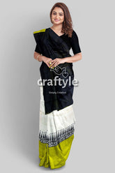 Hand Block Printed Pure Mulberry Silk Saree - Lemon Green Black - Craftyle