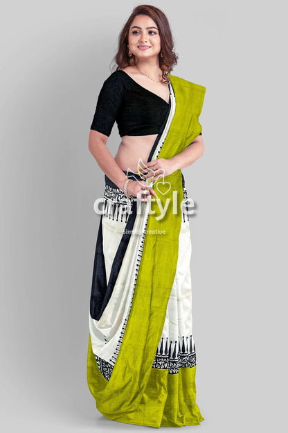 Hand Block Printed Pure Mulberry Silk Saree - Lemon Green Black - Craftyle