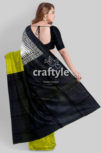 Hand Block Printed Pure Mulberry Silk Saree - Lemon Green Black - Craftyle