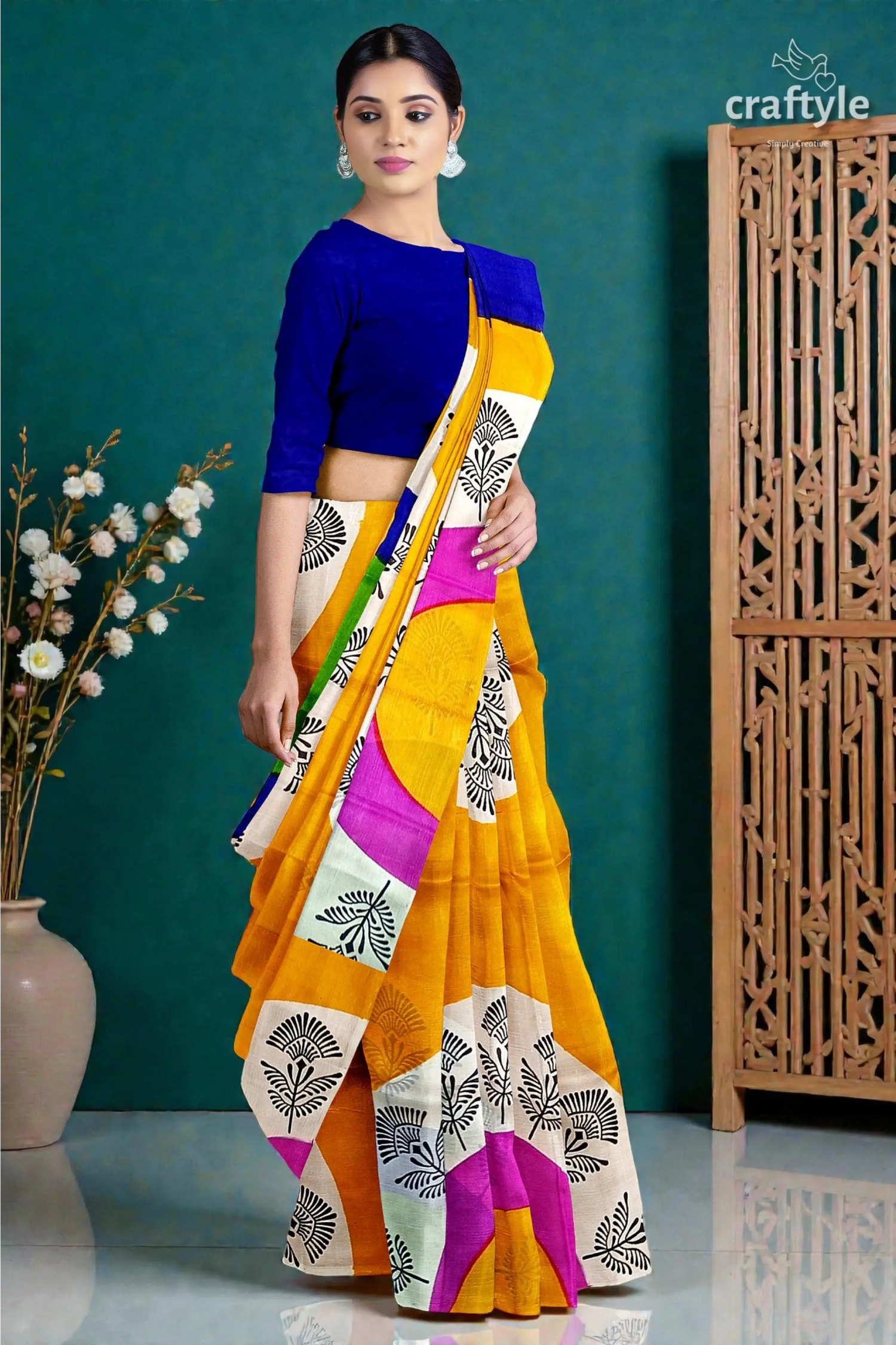 Hand block printed pure mulberry silk saree - yellow orange and blue 4