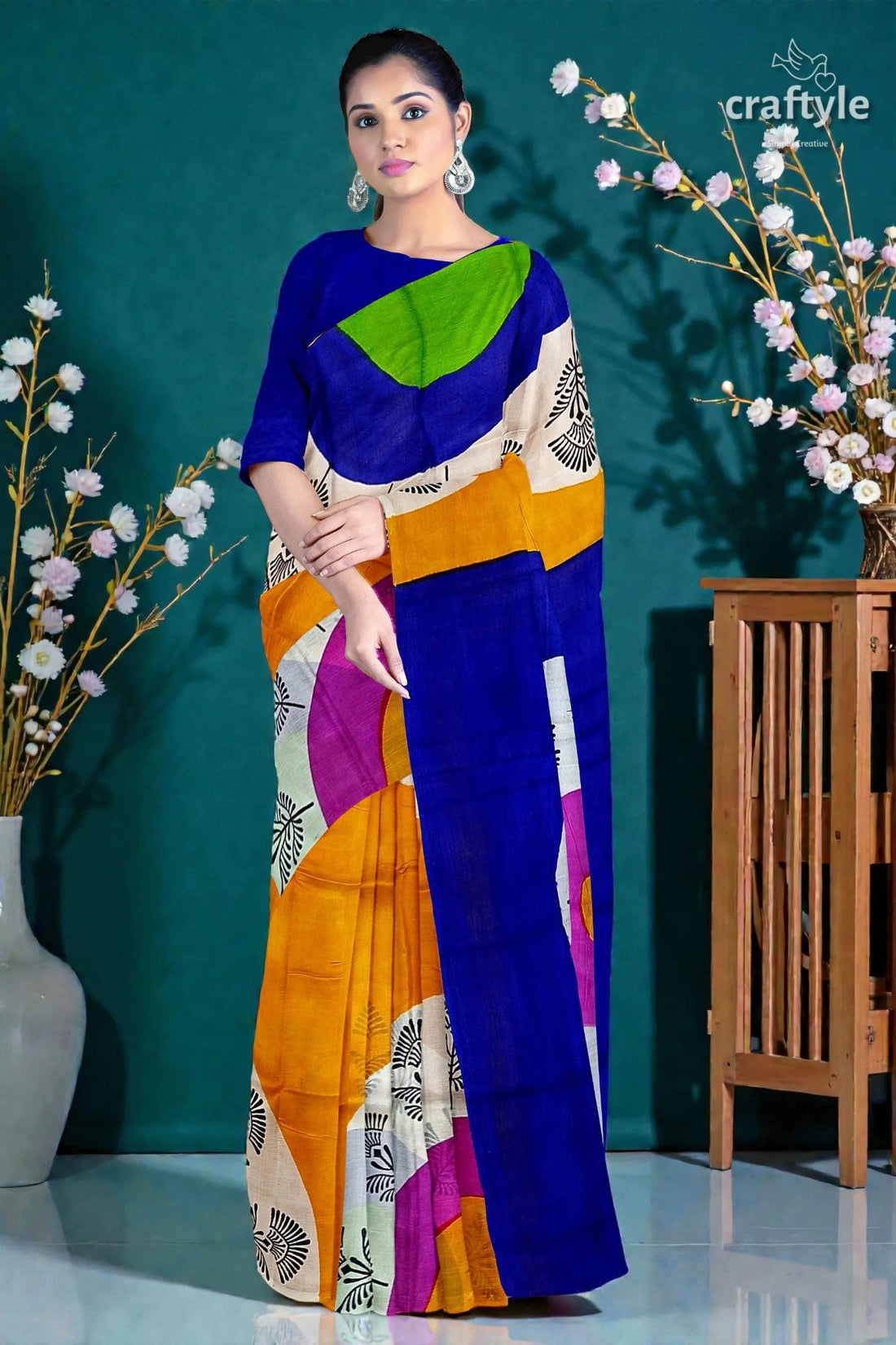 Hand block printed pure mulberry silk saree - yellow orange and blue vibrant geometric-patterned saree bold blue 1