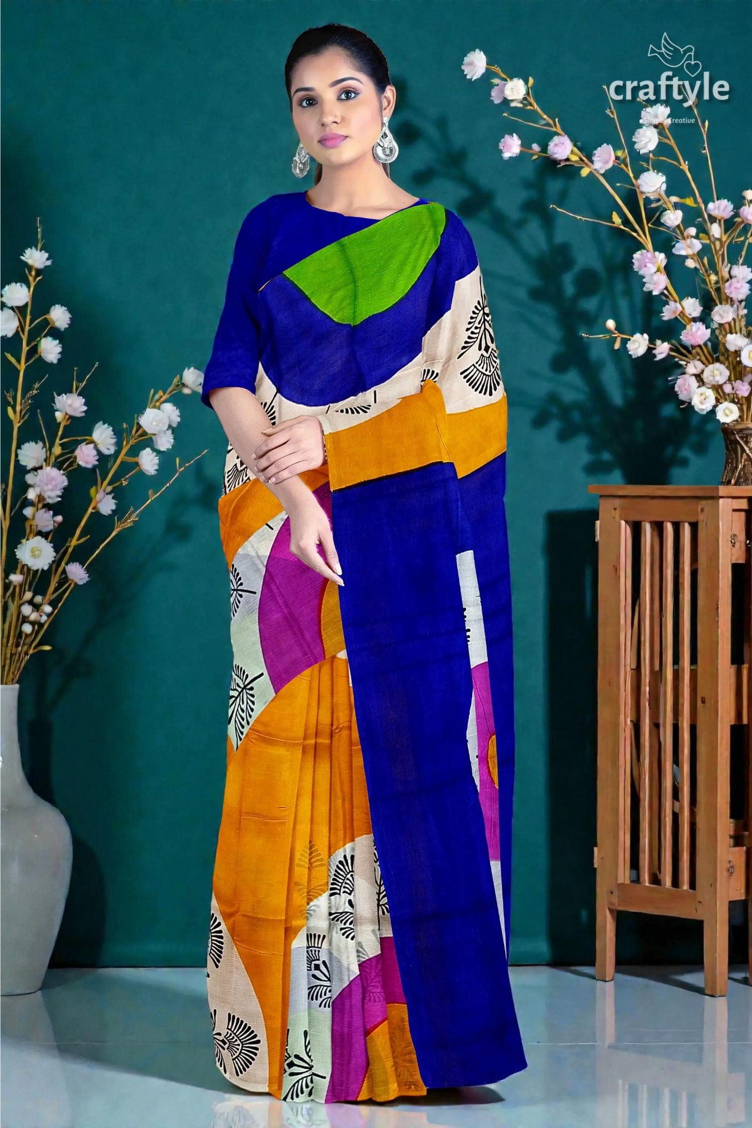 Hand block printed pure mulberry silk saree - yellow orange and blue 1