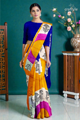 Hand block printed pure mulberry silk saree - yellow orange and blue 6