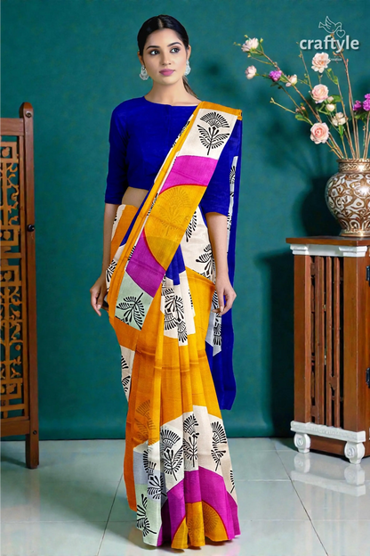Hand block printed pure mulberry silk saree - yellow orange and blue 6