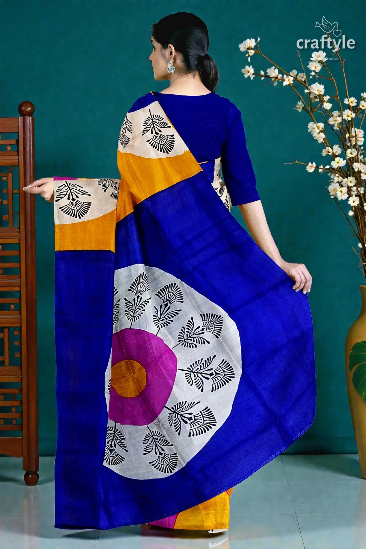 Hand block printed pure mulberry silk saree - yellow orange and blue 5