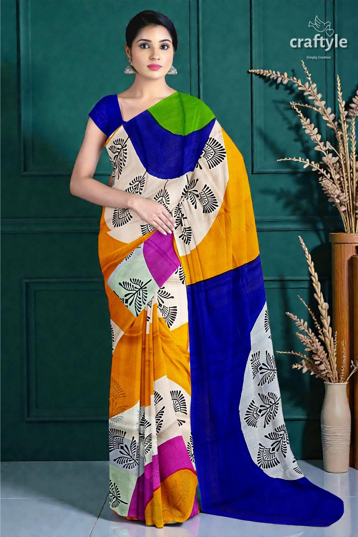 Hand block printed pure mulberry silk saree - yellow orange and blue 3