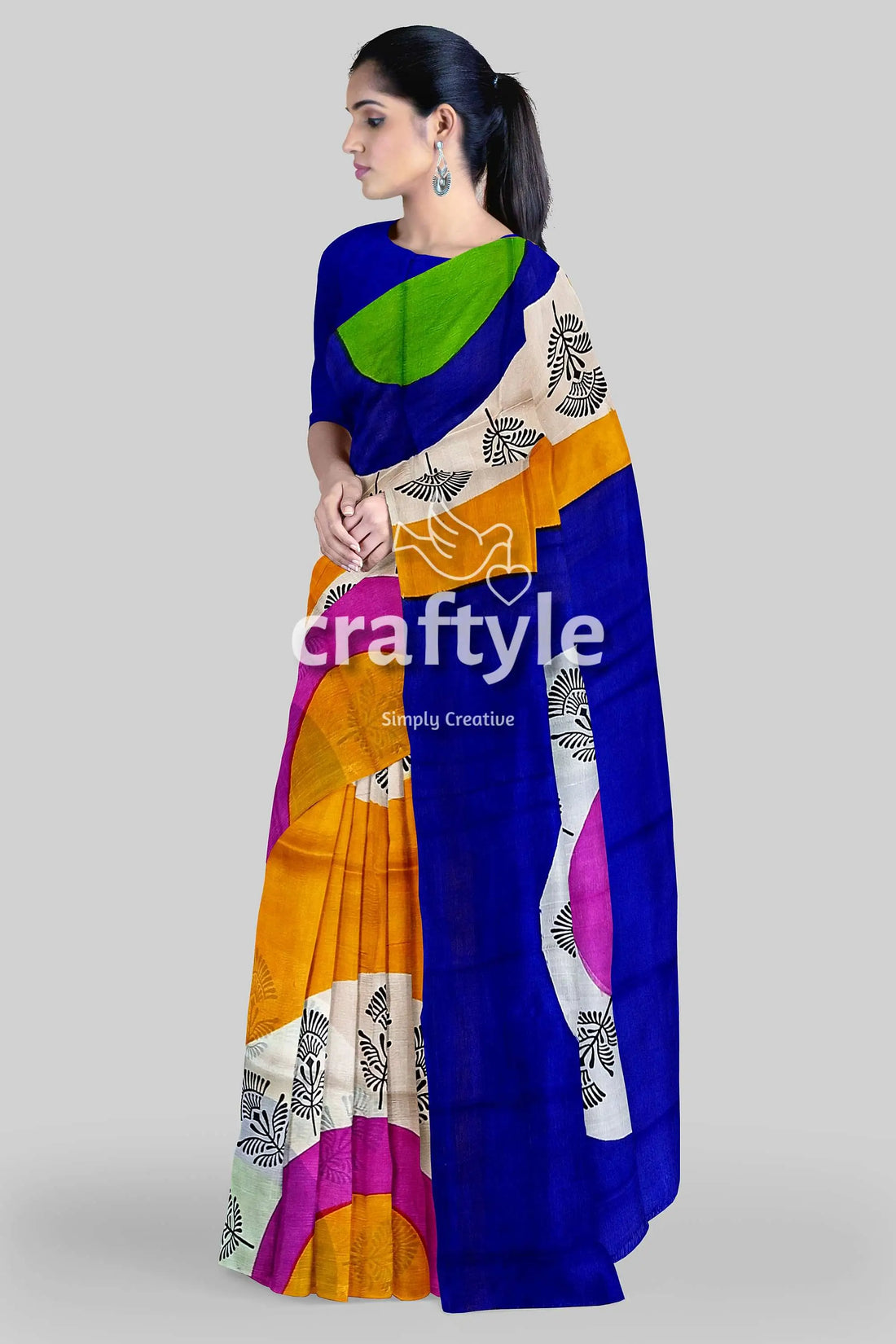 Hand block printed pure mulberry silk saree - yellow orange and blue colorful patterned saree 2