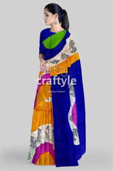 Hand Block Printed Pure Mulberry Silk Saree - Yellow Orange and Blue - Craftyle