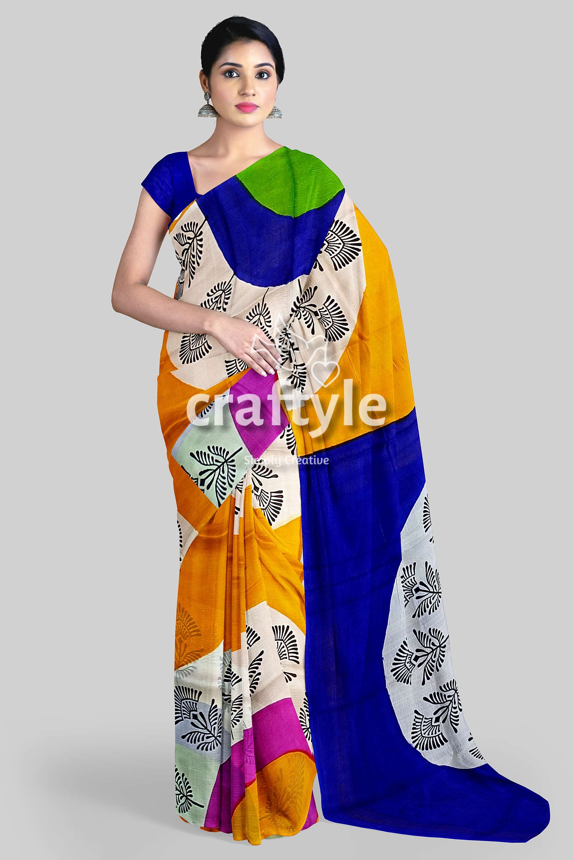 Hand Block Printed Pure Mulberry Silk Saree - Yellow Orange and Blue - Craftyle