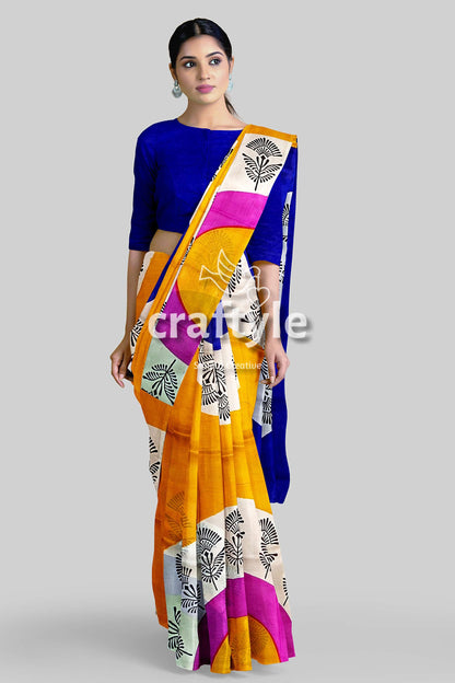 Hand Block Printed Pure Mulberry Silk Saree - Yellow Orange and Blue - Craftyle