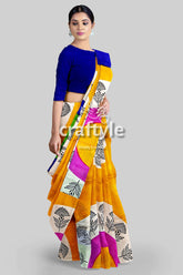 Hand Block Printed Pure Mulberry Silk Saree - Yellow Orange and Blue - Craftyle