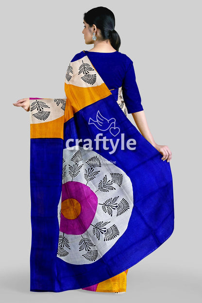 Hand Block Printed Pure Mulberry Silk Saree - Yellow Orange and Blue - Craftyle