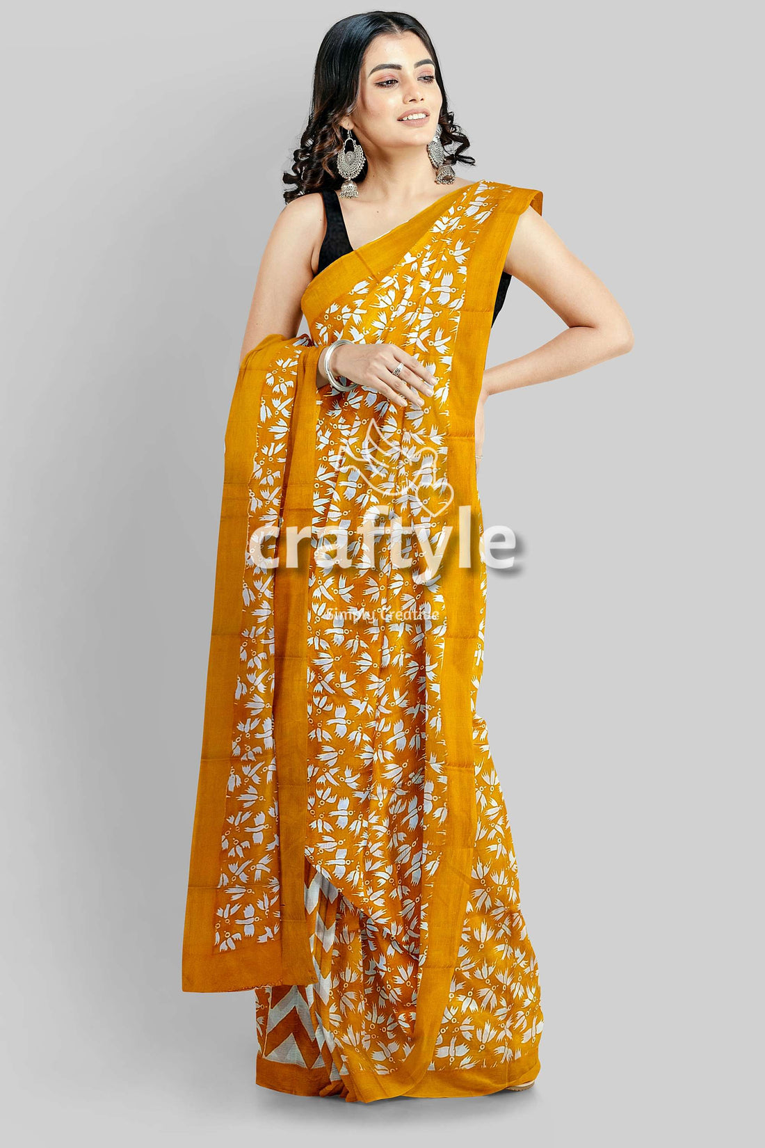 Hand Block Printed Pure Murshidabad Silk Saree in Sand Yellow with Butterfly Motif-Craftyle