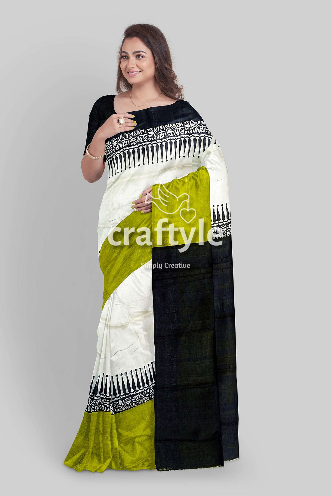Hand Block Printed Pure Murshidabad Silk Saree - Lemon Green Black-Craftyle