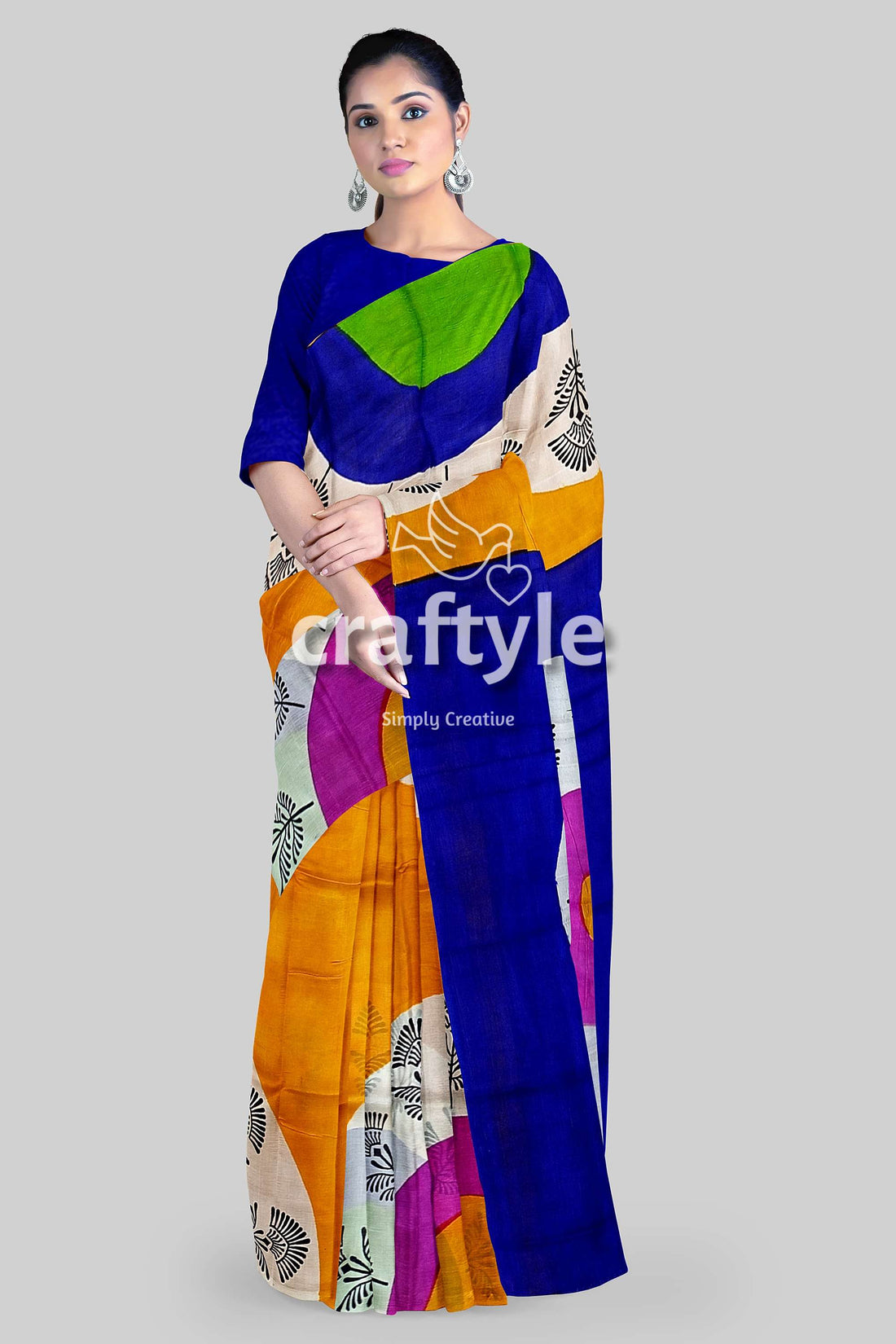 Hand Block Printed Pure Murshidabad Silk Saree - Yellow Orange and Blue-Craftyle