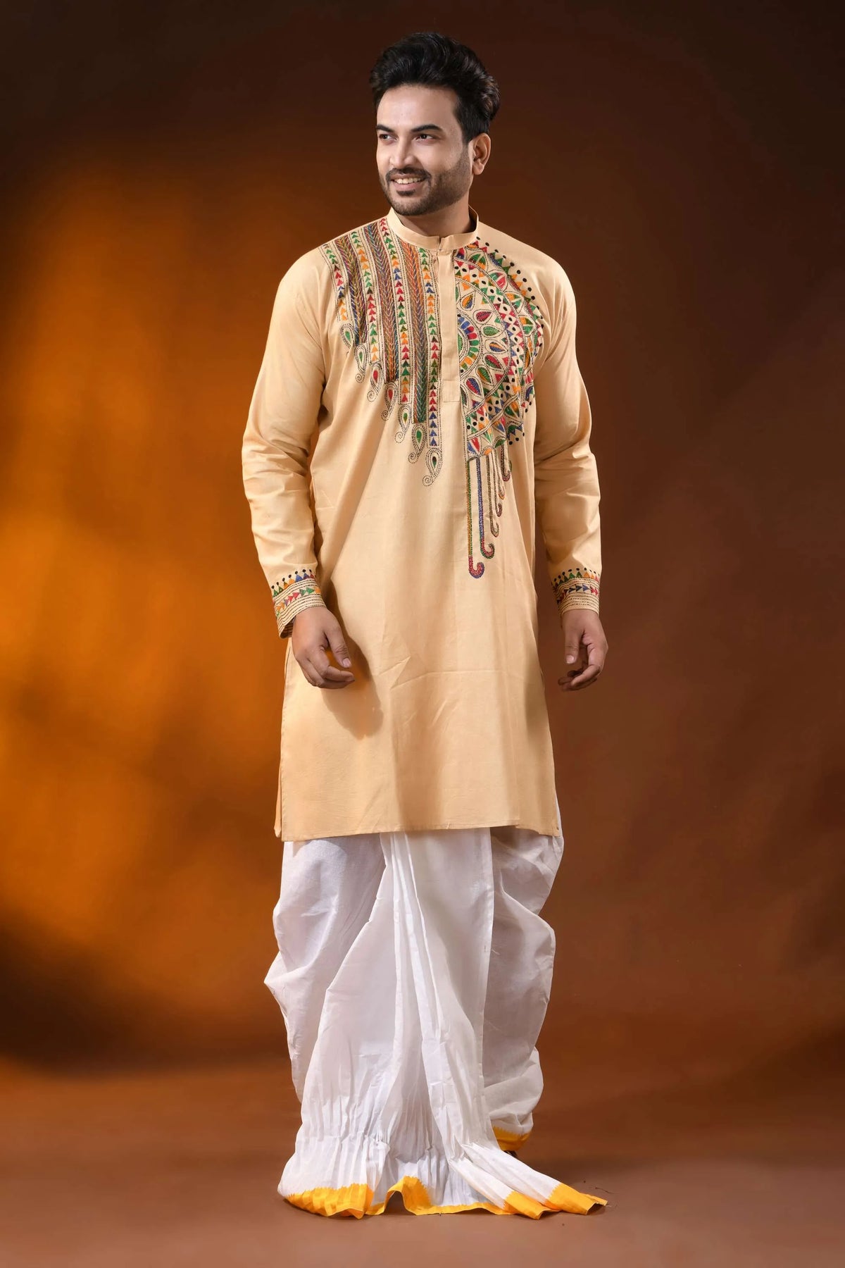Hand embroidered beige cotton kantha punjabi with multicolor work 7