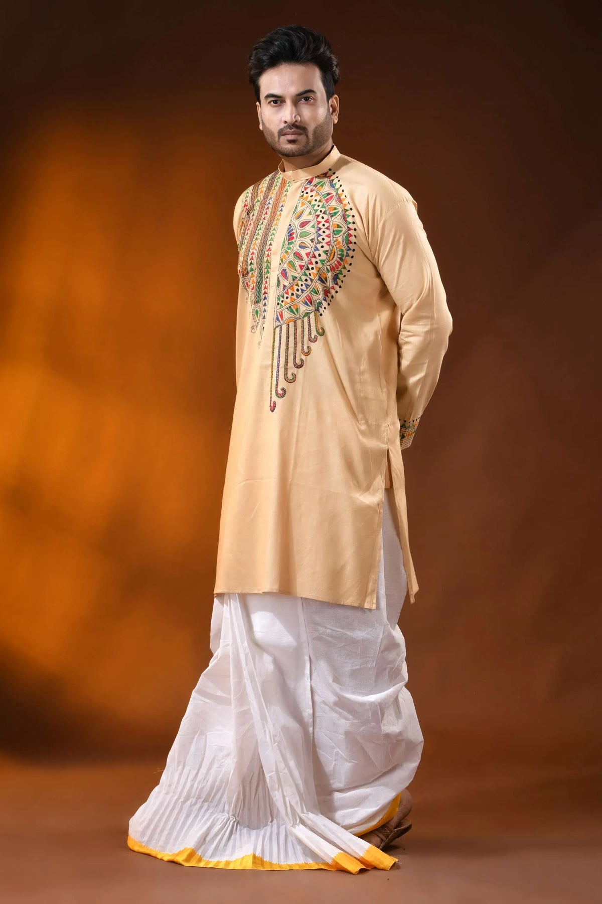 Hand embroidered beige cotton kantha punjabi with multicolor work 5