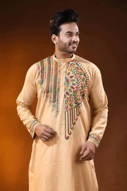 Hand embroidered beige cotton kantha punjabi with multicolor work 2