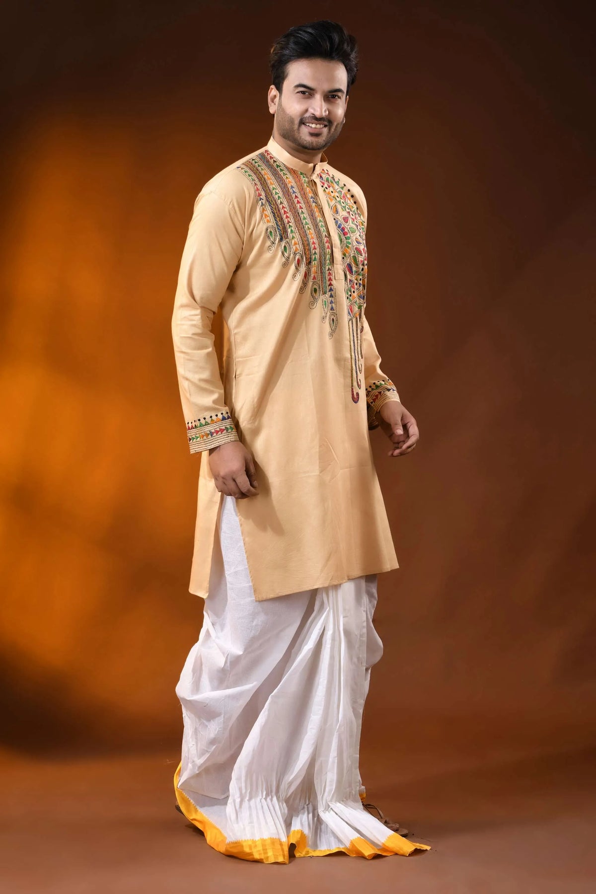 Hand embroidered beige cotton kantha punjabi with multicolor work 3