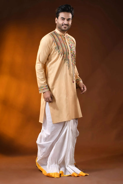 Hand embroidered beige cotton kantha punjabi with multicolor work 3