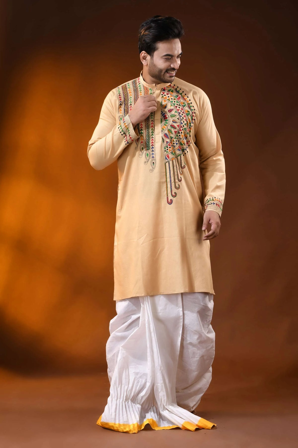 Hand embroidered beige cotton kantha punjabi with multicolor work 4