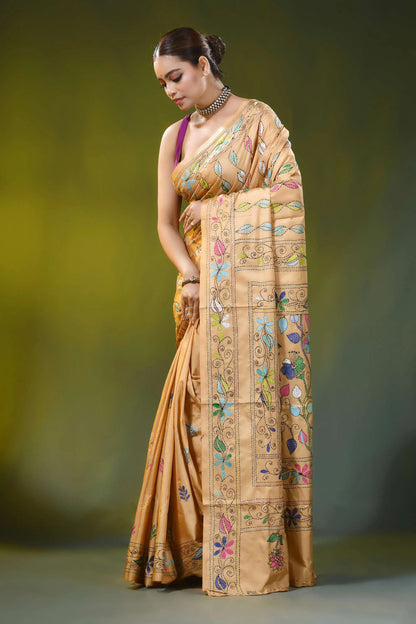 Hand embroidered beige sand silk kantha saree floral vine motif 3