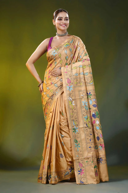Hand embroidered beige sand silk kantha saree floral vine motif 6