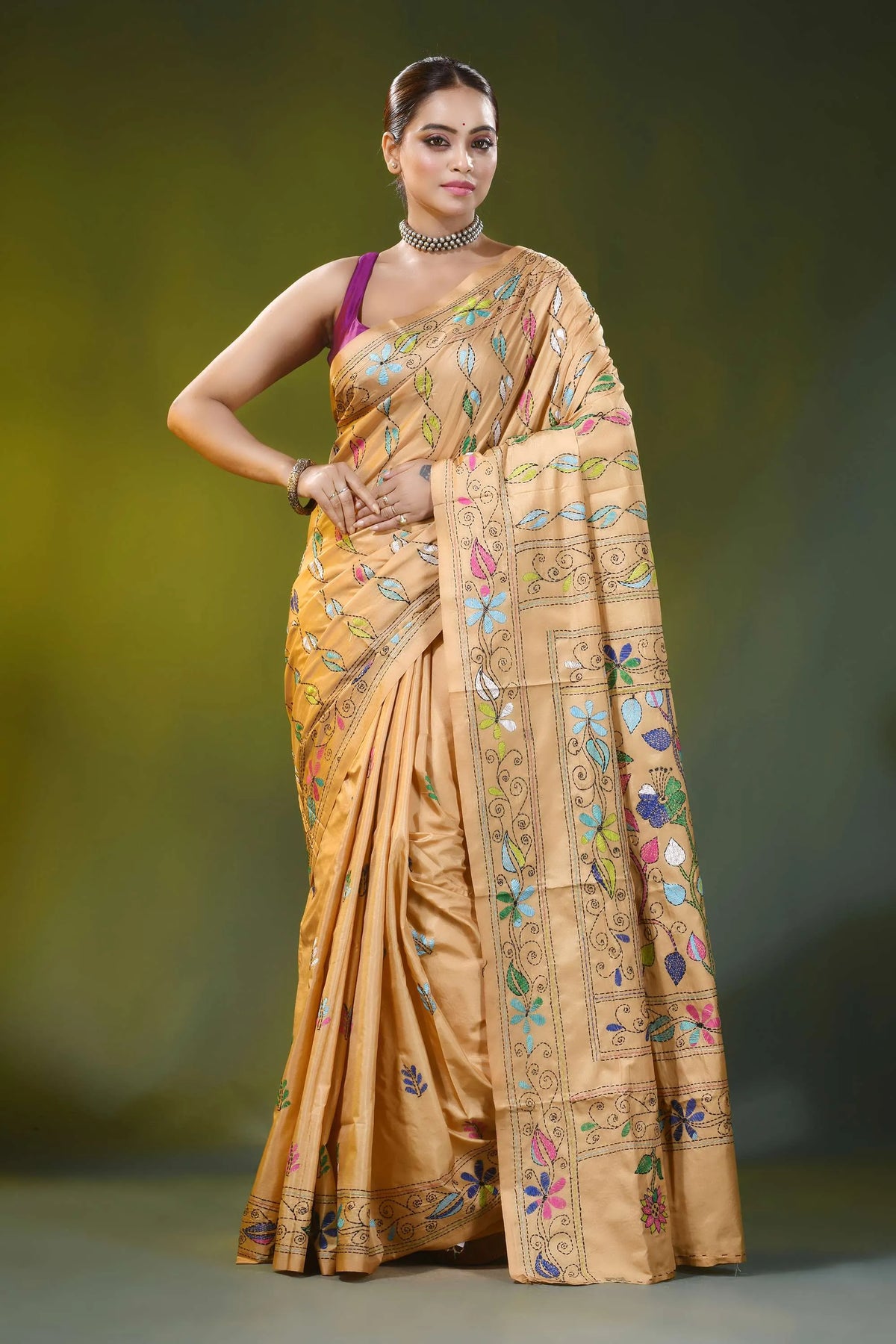 Hand embroidered beige sand silk kantha saree floral vine motif 1