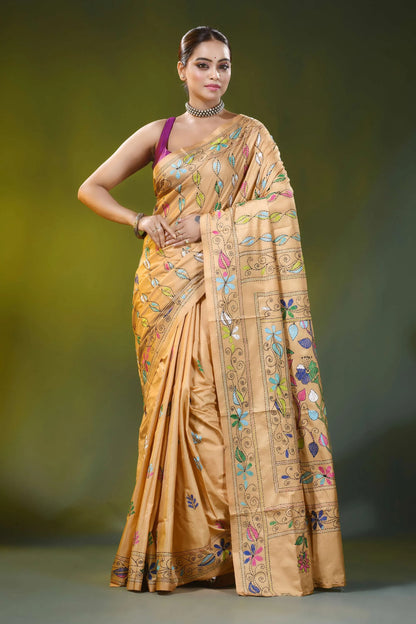 Hand embroidered beige sand silk kantha saree floral vine motif 1