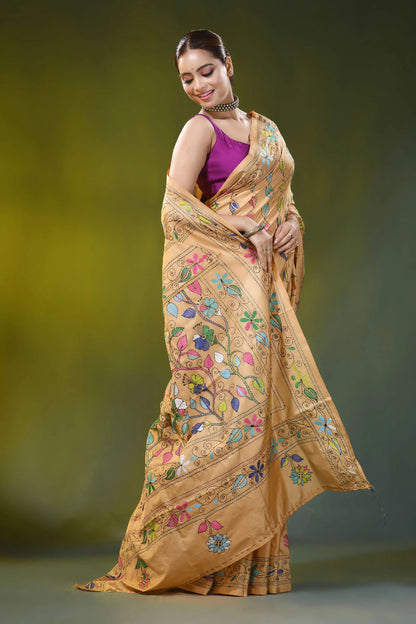 Hand embroidered beige sand silk kantha saree floral vine motif 4