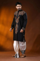 Hand embroidered black cotton kantha panjabi with brown ethnic work 3