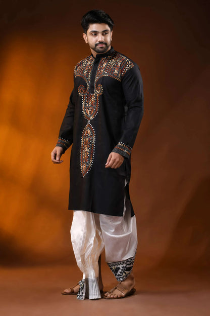 Hand embroidered black cotton kantha panjabi with brown ethnic work 3