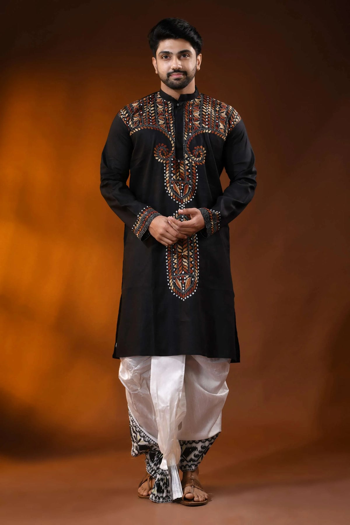 Hand embroidered black cotton kantha panjabi with brown ethnic work 5
