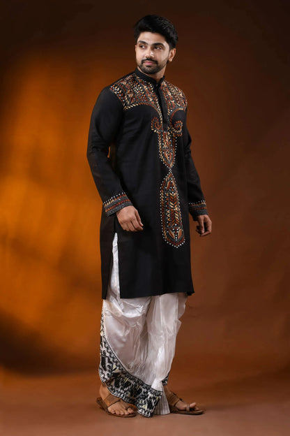 Hand embroidered black cotton kantha panjabi with brown ethnic work 4