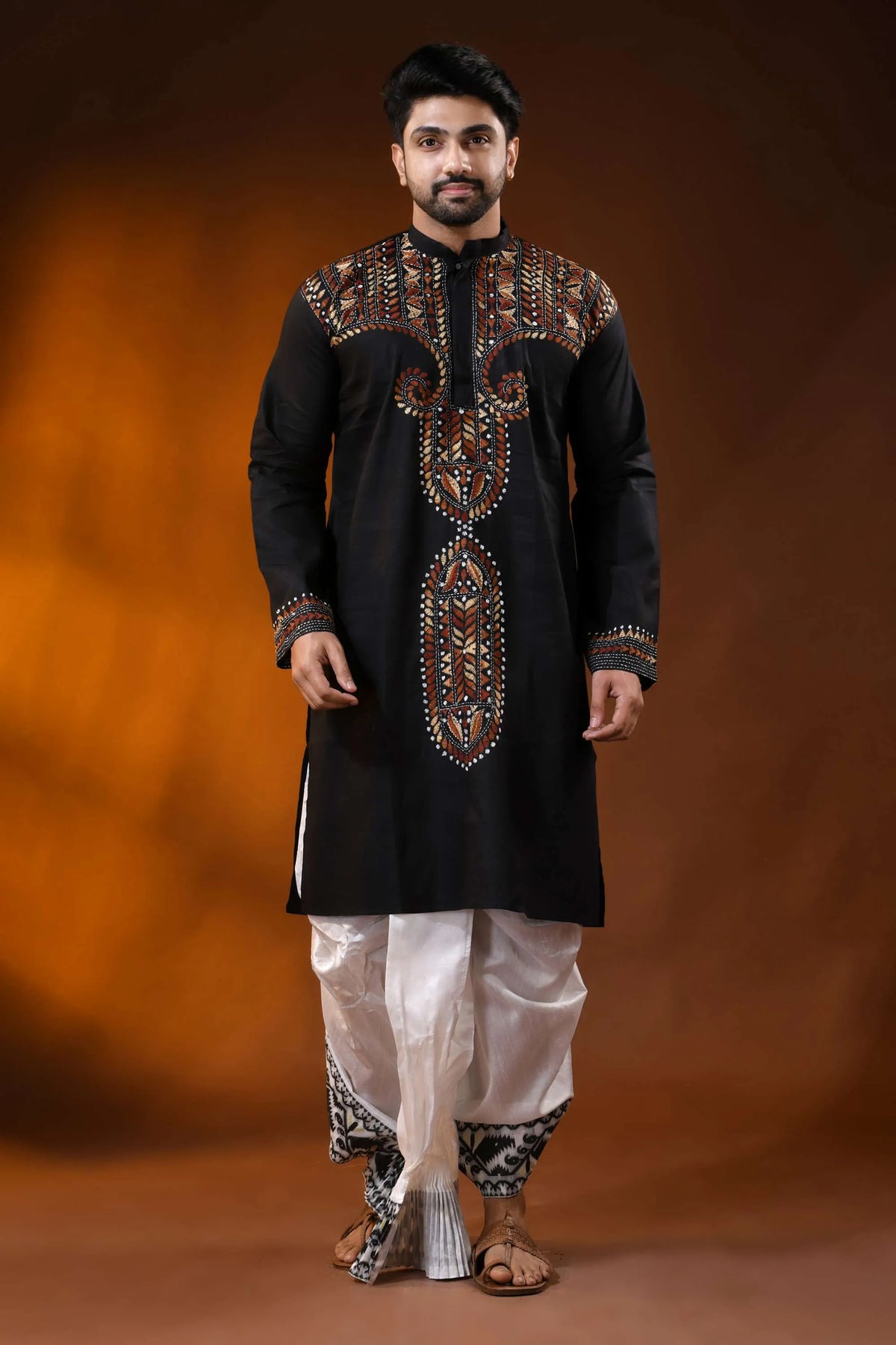 Hand embroidered black cotton kantha panjabi with brown ethnic work 1