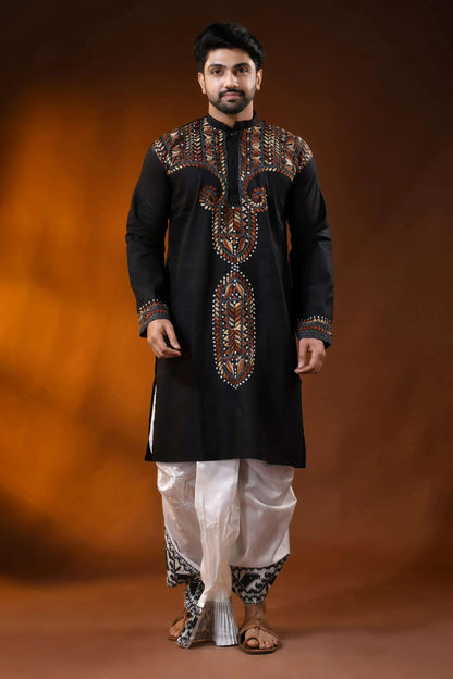 Hand embroidered black cotton kantha panjabi with brown ethnic work 1