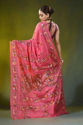 Hand embroidered blush pink silk kantha saree with paisley motif 6