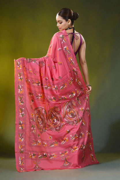 Hand embroidered blush pink silk kantha saree with paisley motif 6