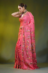 Hand embroidered blush pink silk kantha saree with paisley motif 3